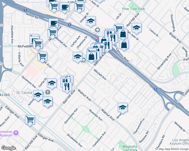 map of restaurants, bars, coffee shops, grocery stores, and more near 1596 Mitchell Avenue in Tustin