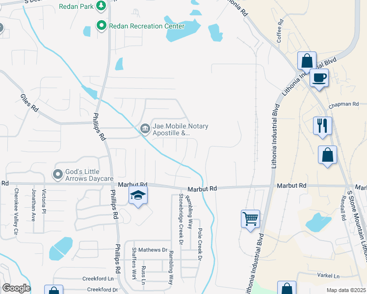 map of restaurants, bars, coffee shops, grocery stores, and more near 2057 Charter Lane in Lithonia