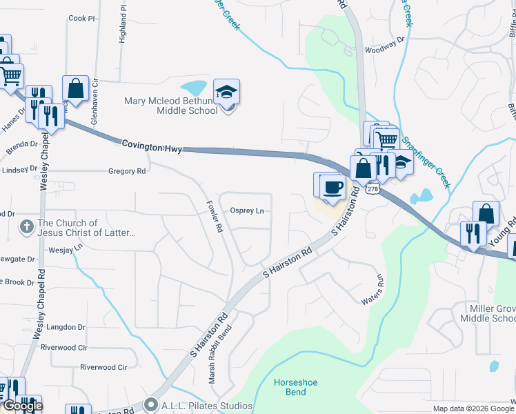 map of restaurants, bars, coffee shops, grocery stores, and more near 4620 Pigeon Island Drive in Decatur