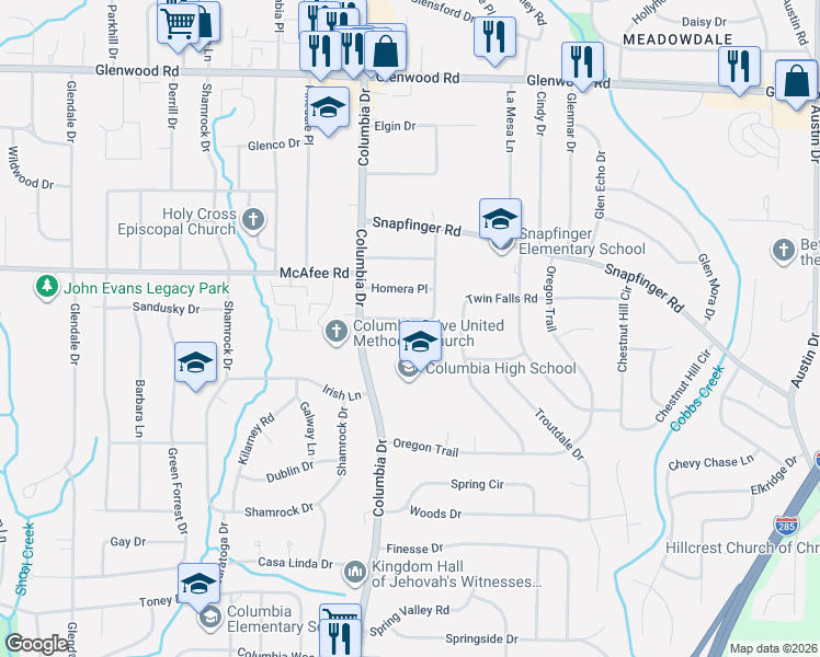 map of restaurants, bars, coffee shops, grocery stores, and more near 2106 Columbia Drive in Decatur