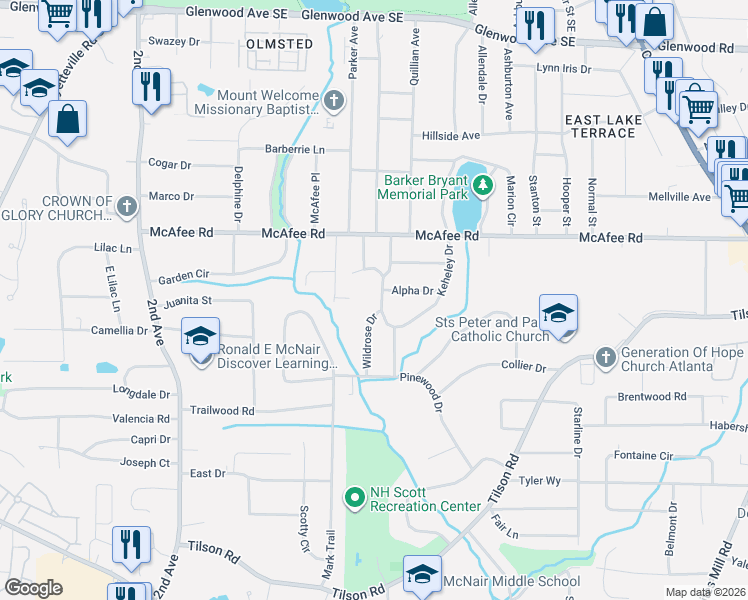 map of restaurants, bars, coffee shops, grocery stores, and more near 2176 Keheley Drive in Decatur