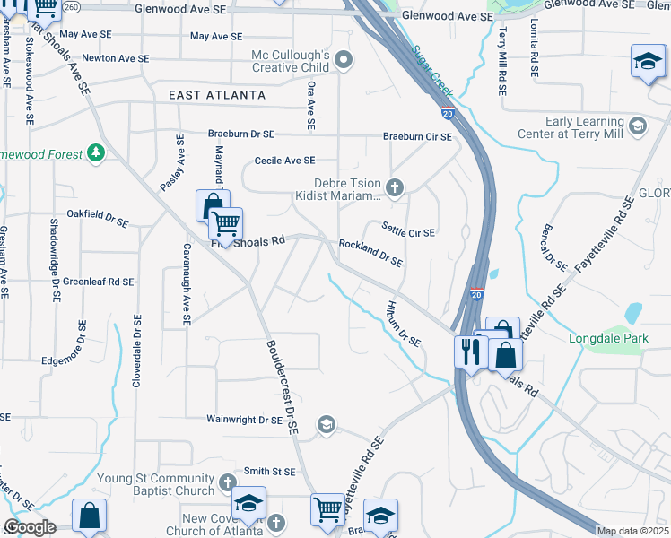 map of restaurants, bars, coffee shops, grocery stores, and more near 1761 Flat Shoals Road Southeast in Atlanta