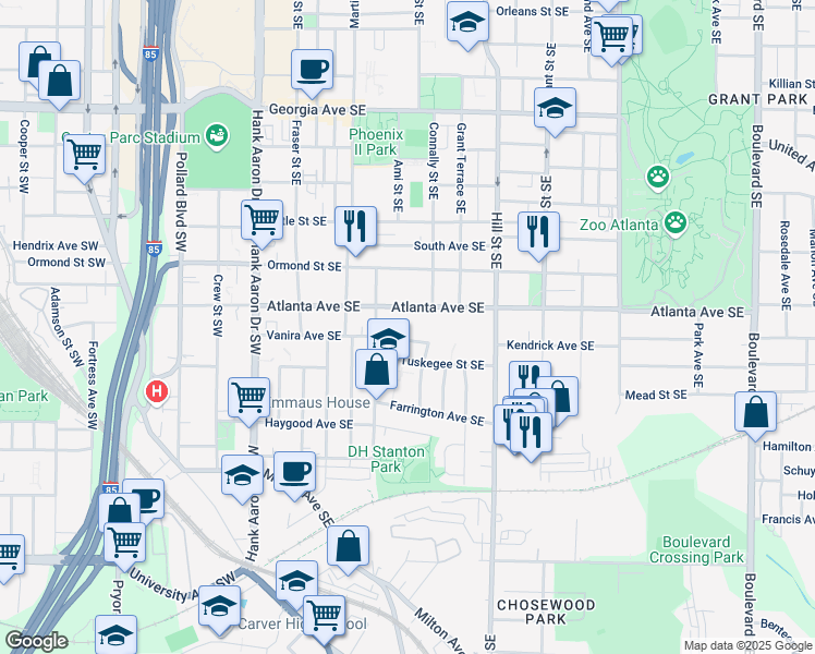map of restaurants, bars, coffee shops, grocery stores, and more near 180 Vanira Avenue Southeast in Atlanta