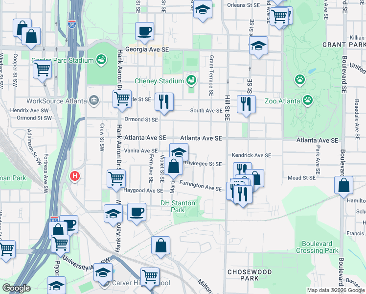 map of restaurants, bars, coffee shops, grocery stores, and more near 163 Vanira Avenue Southeast in Atlanta