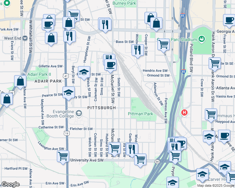 map of restaurants, bars, coffee shops, grocery stores, and more near 923 Smith Street Southwest in Atlanta