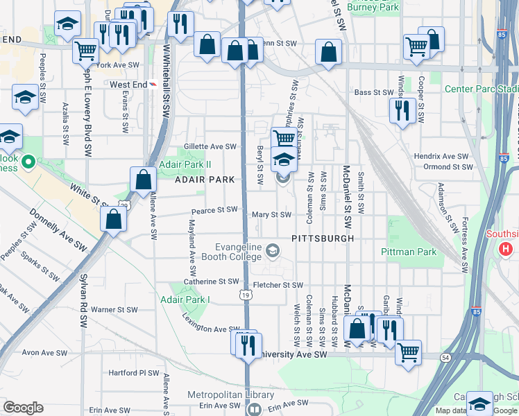 map of restaurants, bars, coffee shops, grocery stores, and more near 568 Mary Street Southwest in Atlanta
