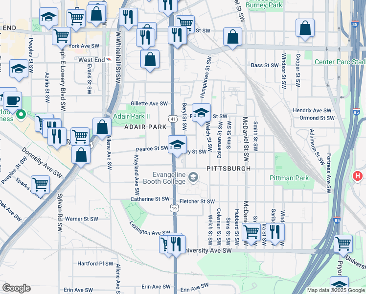 map of restaurants, bars, coffee shops, grocery stores, and more near 597 Mary Street Southwest in Atlanta