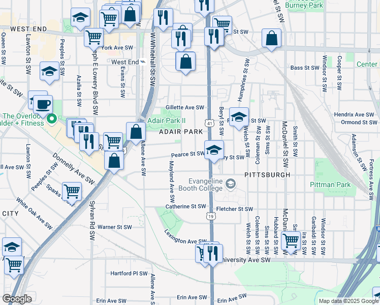 map of restaurants, bars, coffee shops, grocery stores, and more near 673 Pearce Street Southwest in Atlanta