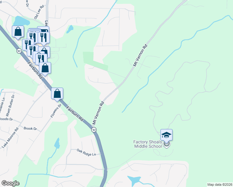 map of restaurants, bars, coffee shops, grocery stores, and more near 2790 Mount Vernon Road in Lithia Springs