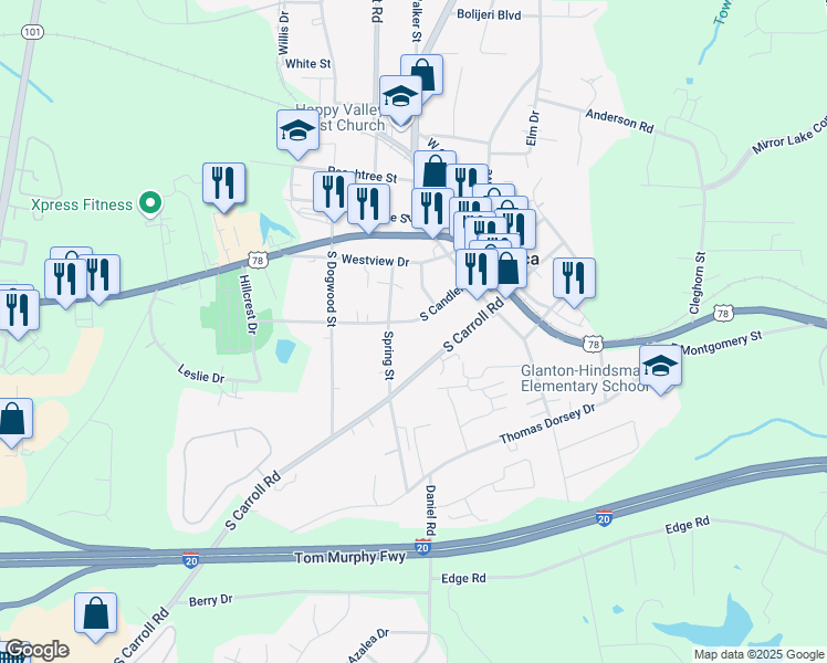 map of restaurants, bars, coffee shops, grocery stores, and more near 232 South Candler Street in Villa Rica
