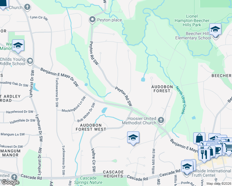 map of restaurants, bars, coffee shops, grocery stores, and more near 2719 Benjamin E Mays Drive Southwest in Atlanta
