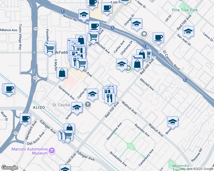 map of restaurants, bars, coffee shops, grocery stores, and more near 14481 Denbigh Lane in Tustin