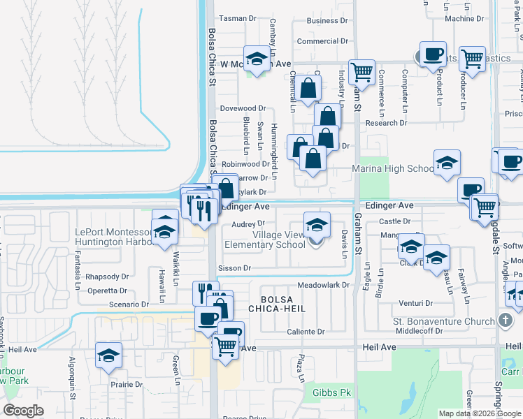 map of restaurants, bars, coffee shops, grocery stores, and more near 5162 Edinger Avenue in Huntington Beach