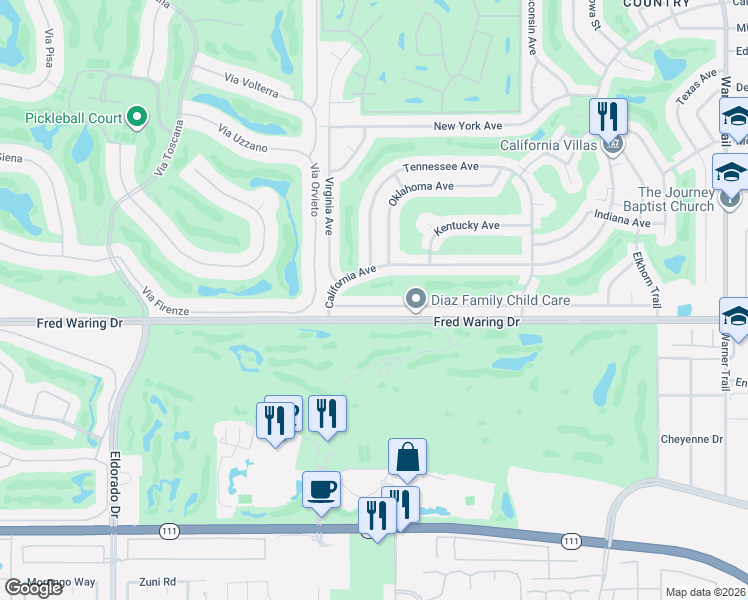 map of restaurants, bars, coffee shops, grocery stores, and more near 76615 Florida Avenue in Palm Desert