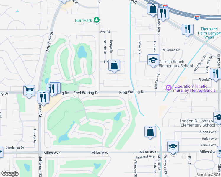 map of restaurants, bars, coffee shops, grocery stores, and more near 80559 Virginia Avenue in Indio