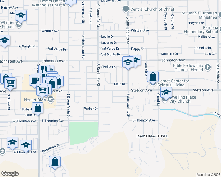 map of restaurants, bars, coffee shops, grocery stores, and more near 40061 Stetson Avenue in Hemet