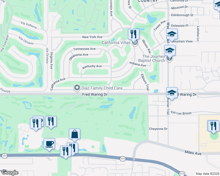 map of restaurants, bars, coffee shops, grocery stores, and more near 77065 Florida Avenue in Palm Desert