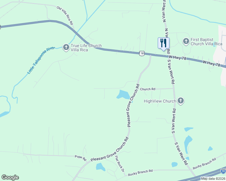 map of restaurants, bars, coffee shops, grocery stores, and more near 1109 Pleasant Grove Church Road in Villa Rica