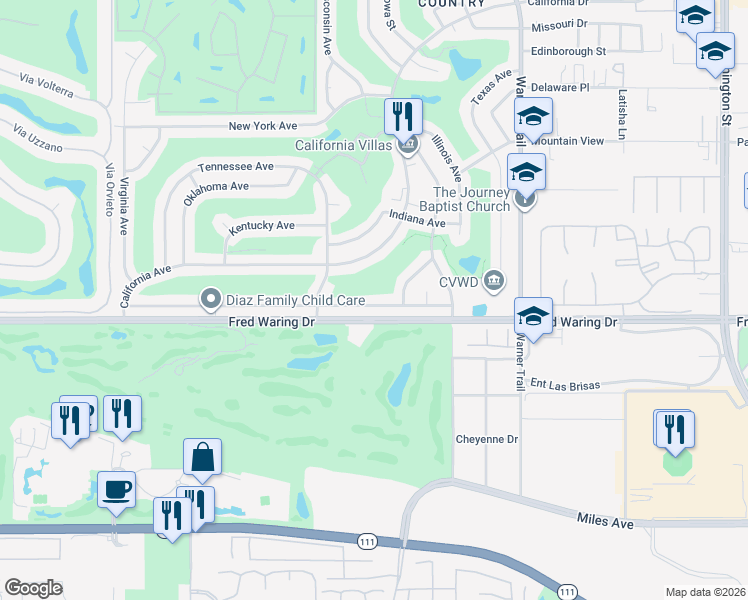 map of restaurants, bars, coffee shops, grocery stores, and more near 77140 Florida Avenue in Palm Desert