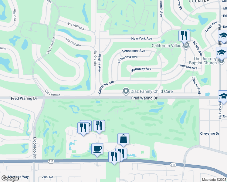 map of restaurants, bars, coffee shops, grocery stores, and more near 76615 Florida Avenue in Palm Desert