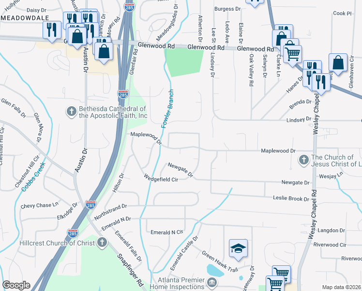 map of restaurants, bars, coffee shops, grocery stores, and more near 1905 Maplewood Court in Decatur