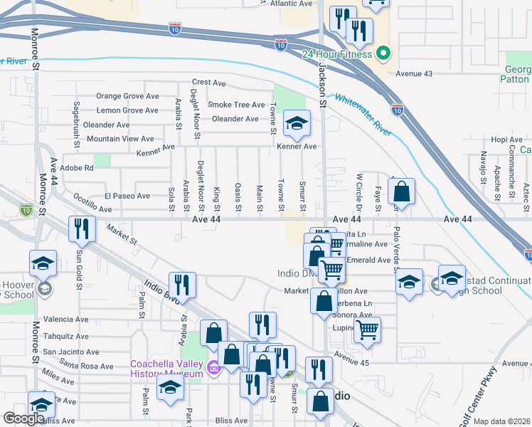 map of restaurants, bars, coffee shops, grocery stores, and more near 82796 Avenue 44 in Indio