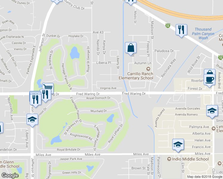 map of restaurants, bars, coffee shops, grocery stores, and more near 80625 Virginia Avenue in Indio