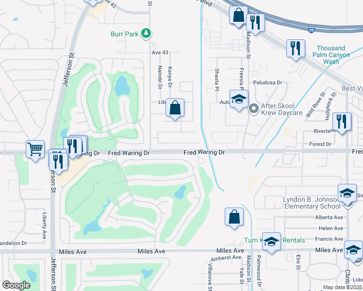 map of restaurants, bars, coffee shops, grocery stores, and more near 80296 Royal Dornoch Drive in Indio