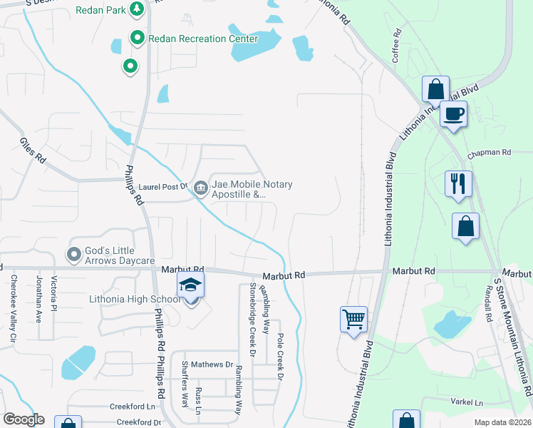 map of restaurants, bars, coffee shops, grocery stores, and more near 2030 Charter Lane in Lithonia
