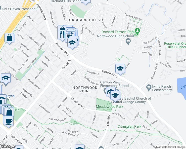 map of restaurants, bars, coffee shops, grocery stores, and more near 62 Middlebury Lane in Irvine