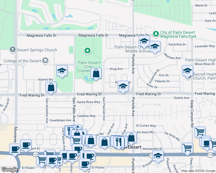 map of restaurants, bars, coffee shops, grocery stores, and more near 43865 Carmel Circle in Palm Desert