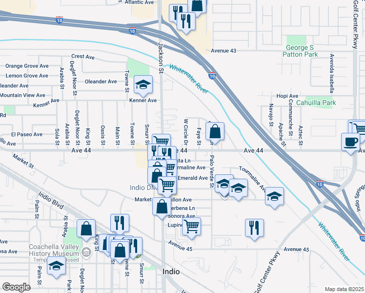 map of restaurants, bars, coffee shops, grocery stores, and more near 83130 Bonita Lane in Indio
