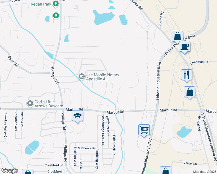 map of restaurants, bars, coffee shops, grocery stores, and more near 6521 Charter Way in Lithonia