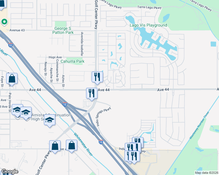 map of restaurants, bars, coffee shops, grocery stores, and more near 84136 Avenue 44 in Indio