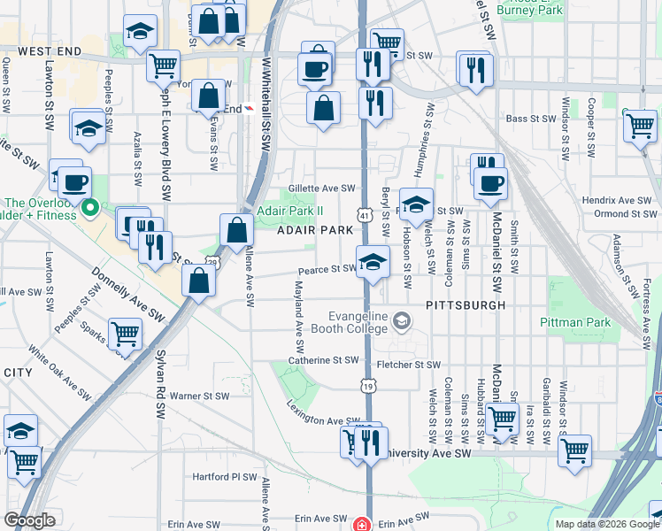 map of restaurants, bars, coffee shops, grocery stores, and more near 673 Pearce Street Southwest in Atlanta