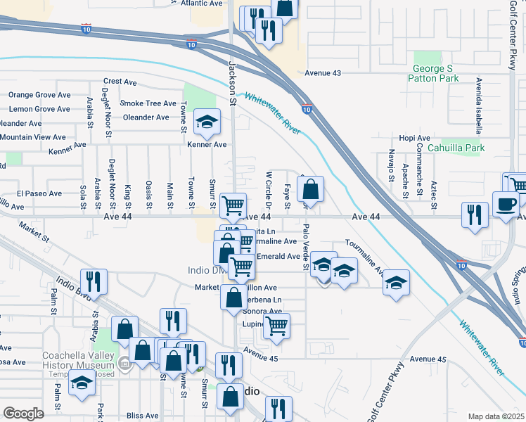 map of restaurants, bars, coffee shops, grocery stores, and more near 83092 Avenue 44 in Indio