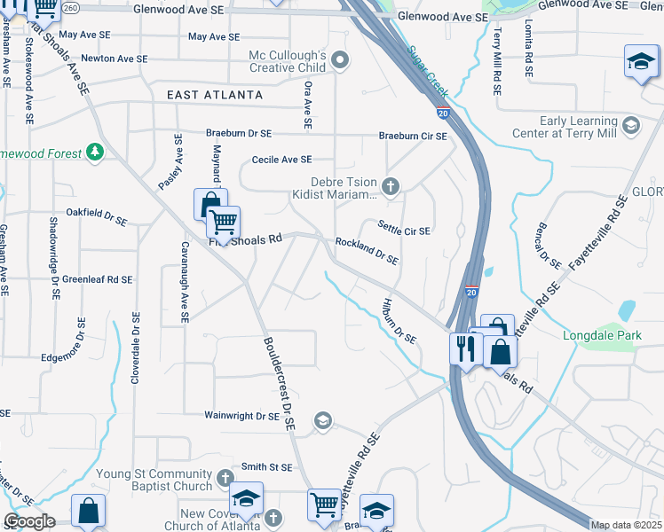 map of restaurants, bars, coffee shops, grocery stores, and more near 1761 Flat Shoals Road Southeast in Atlanta