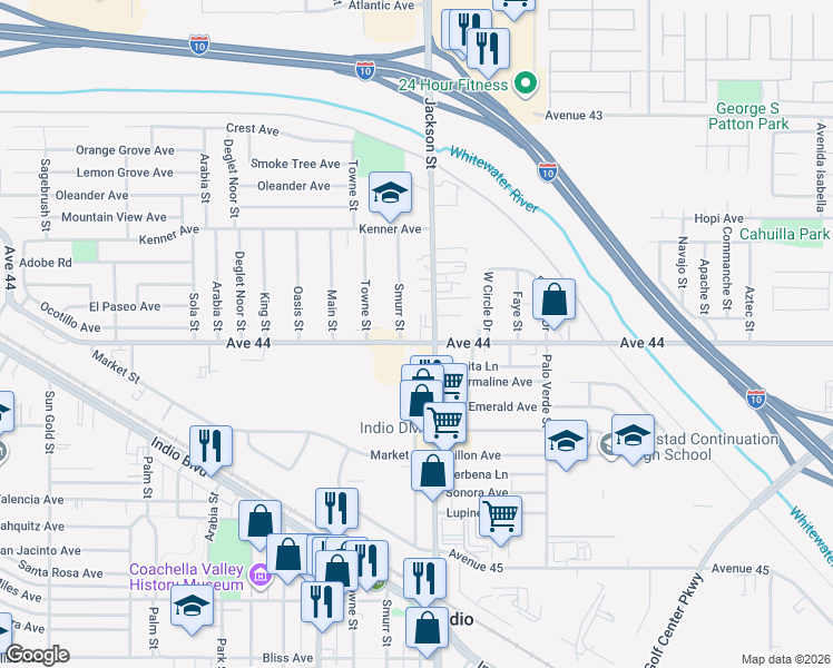 map of restaurants, bars, coffee shops, grocery stores, and more near 82944 Avenue 44 in Indio