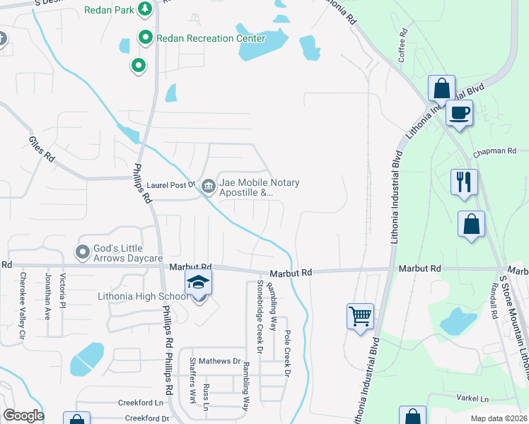 map of restaurants, bars, coffee shops, grocery stores, and more near 2031 Charter Lane in Lithonia