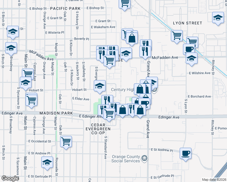 map of restaurants, bars, coffee shops, grocery stores, and more near 1426 South Minnie Street in Santa Ana