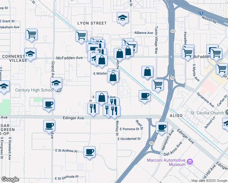 map of restaurants, bars, coffee shops, grocery stores, and more near 1412 Ritchey St in Santa Ana