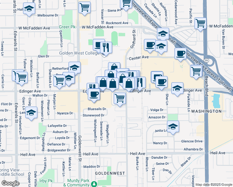map of restaurants, bars, coffee shops, grocery stores, and more near 7290 Edinger Avenue in Huntington Beach