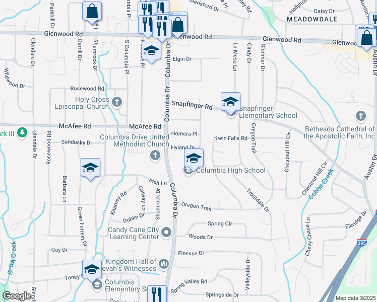 map of restaurants, bars, coffee shops, grocery stores, and more near 3409 Homera Place in Decatur