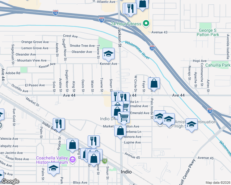 map of restaurants, bars, coffee shops, grocery stores, and more near 82944 Avenue 44 in Indio