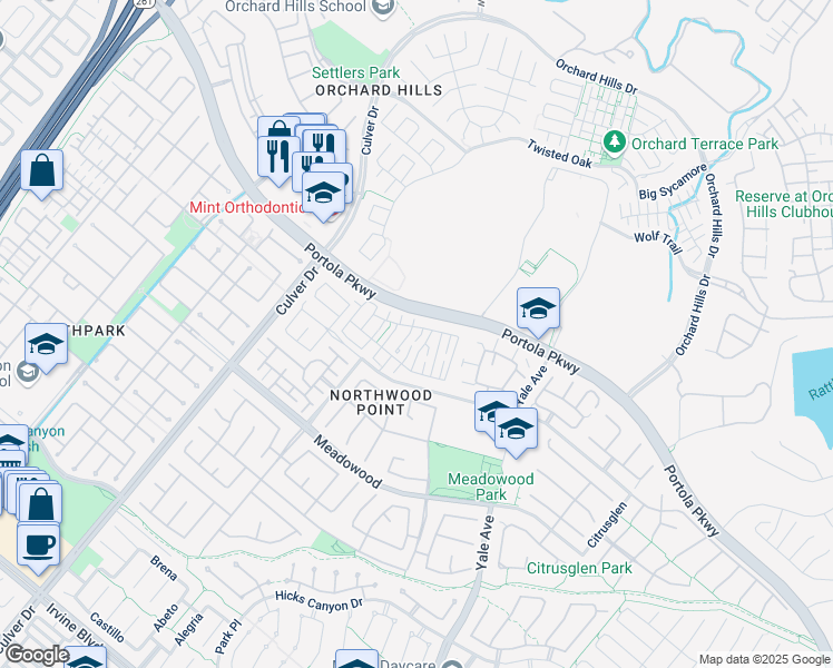 map of restaurants, bars, coffee shops, grocery stores, and more near 62 Middlebury Lane in Irvine