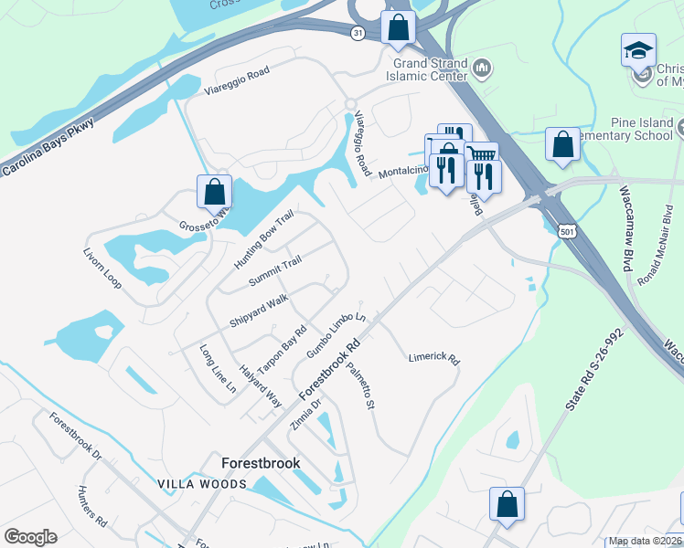 map of restaurants, bars, coffee shops, grocery stores, and more near 4501 Tarpon Bay Road in Myrtle Beach