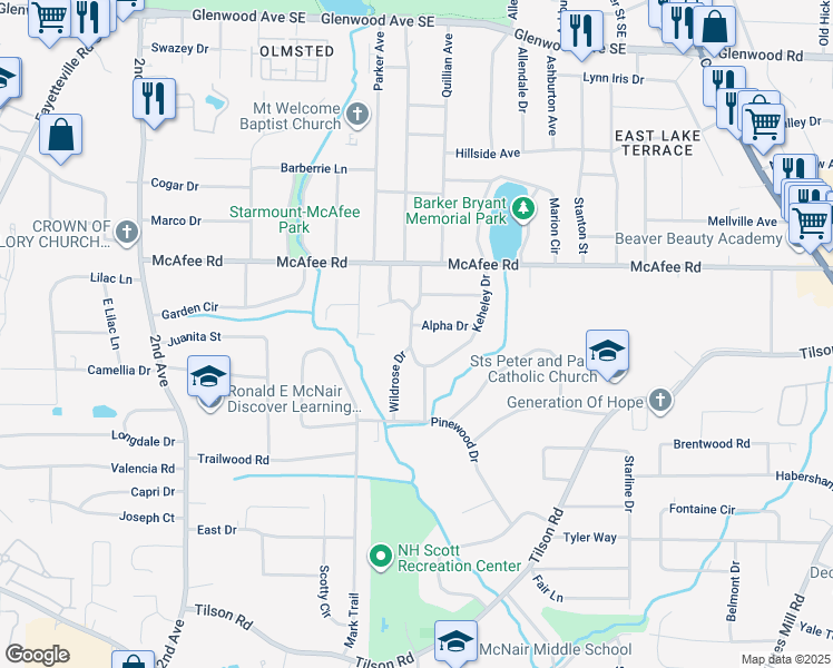 map of restaurants, bars, coffee shops, grocery stores, and more near 2238 Alpha Drive in Decatur
