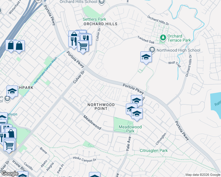 map of restaurants, bars, coffee shops, grocery stores, and more near 98 Winslow Lane in Irvine