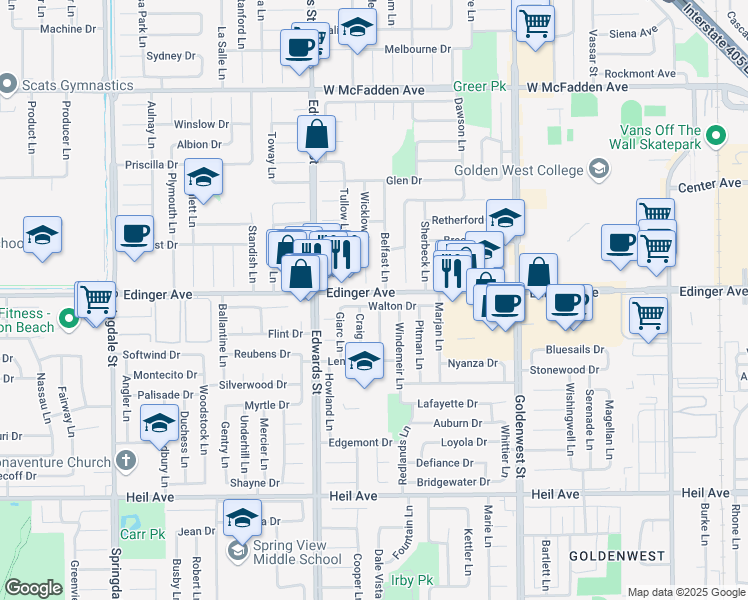 map of restaurants, bars, coffee shops, grocery stores, and more near 6631 Walton Drive in Huntington Beach