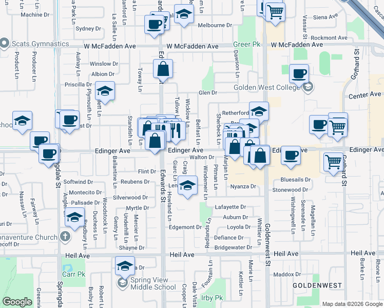 map of restaurants, bars, coffee shops, grocery stores, and more near 15961 Belfast Lane in Huntington Beach
